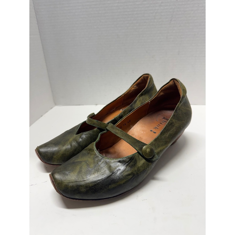 Think! 82240 Green Leather Mary Jane Square Toe Block Heel Pumps Italy 40 9